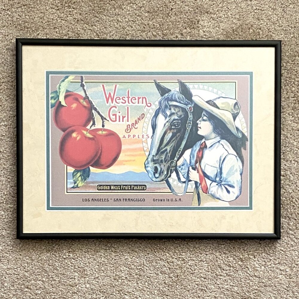 Vintage Framed Advertising Poster Western Girl Brand Apples with Horse - Califor